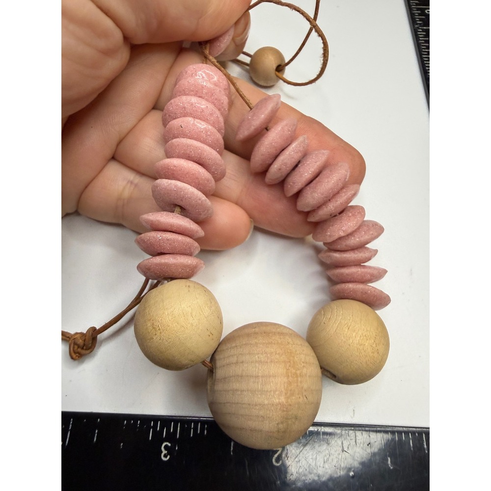 Handmade Pink Glitter Stone & Wood Bead Leather Cord Statement Necklace Boho